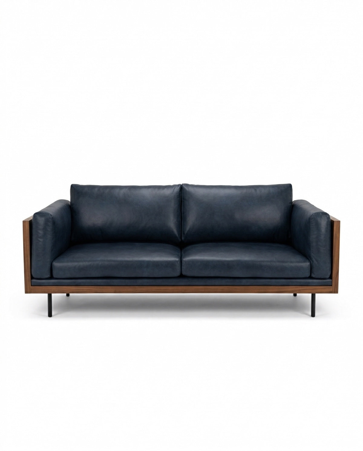 DIVANO TURNER IN ECOPELLE BLU E LEGNO